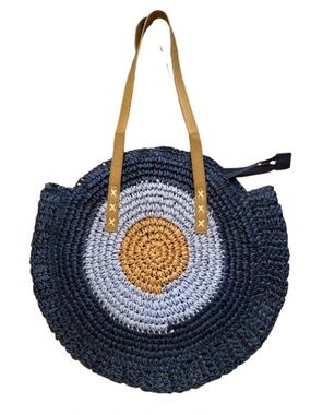 Women’s Round Straw Tote Bag w/ Faux Leather Straps Zipper Boho NWOT See Details